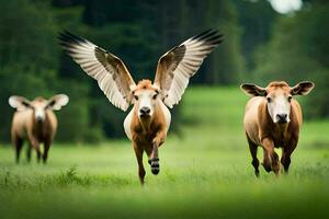 Tres marrón vacas corriendo en el césped con su alas desparramar. generado por ai foto