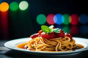 espaguetis con fresas y salsa en un lámina. generado por ai foto