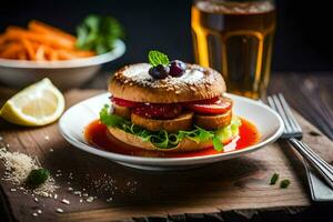 a hamburger with vegetables and a beer. AI-Generated photo