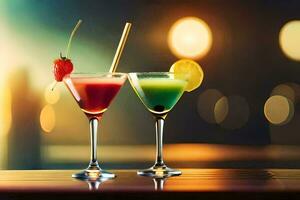 two colorful cocktails on a table with a blurry background. AI-Generated photo