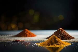 three different types of spices are shown on a table. AI-Generated photo