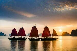 Tres barcos son navegación en el agua a puesta de sol. generado por ai foto