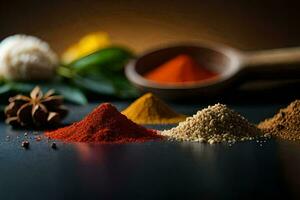 various spices and spices on a black background. AI-Generated photo