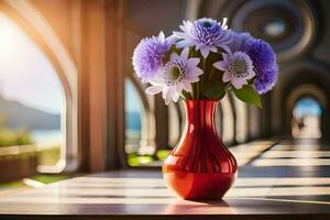 a vase with purple flowers sitting on a table. AI-Generated photo