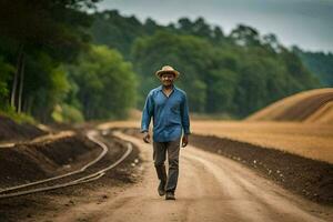 un hombre en un sombrero camina abajo un suciedad la carretera. generado por ai foto