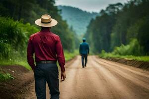 two men in hats walking down a dirt road. AI-Generated photo