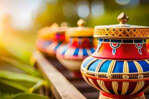 colorful vases lined up on a wooden bench. AI-Generated photo