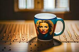 a coffee mug with a portrait of a woman on it. AI-Generated photo