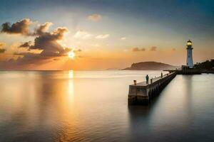 a lighthouse at sunset with a long pier. AI-Generated photo