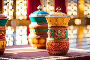 three colorful vases on a table with a curtain. AI-Generated photo