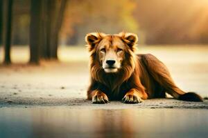 a lion sitting on the ground in front of a lake. AI-Generated photo