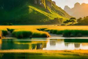 the sun is setting over a river and mountains. AI-Generated photo