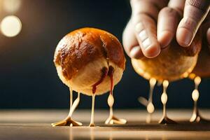 un persona es participación un pedazo de un pan con un pedazo de carne en él. generado por ai foto