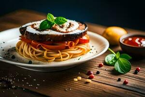 a plate of spaghetti with meat and tomatoes. AI-Generated photo