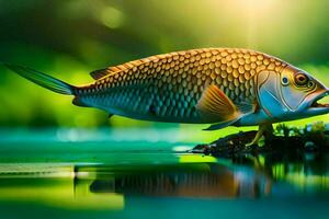 pescado en el agua con césped y luz de sol. generado por ai foto