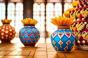 a row of colorful vases with flowers on them. AI-Generated photo