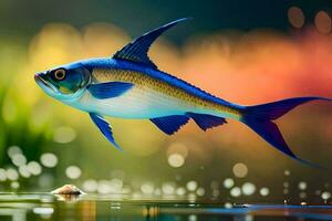 a fish is flying over water with a background of green grass. AI-Generated photo