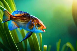 a fish is in the grass with a bright blue and orange color. AI-Generated photo