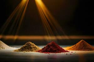 a group of different colored powders on a table. AI-Generated photo