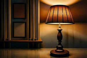 a lamp on a table in front of a window. AI-Generated photo