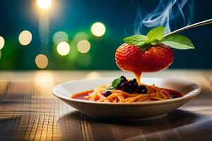 spaghetti with tomato sauce and berries on a plate. AI-Generated photo