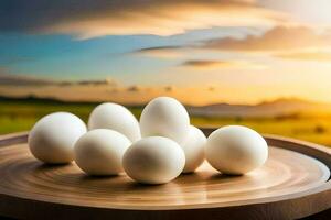 white eggs on a wooden plate with a sunset in the background. AI-Generated photo