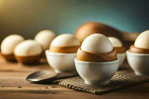 eggs in white cups on a wooden table. AI-Generated photo