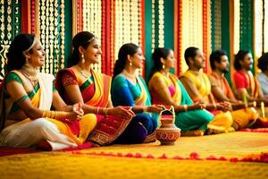 a group of women in colorful saris sitting on the floor. AI-Generated photo