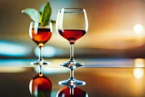 two glasses of wine on a table with a light. AI-Generated photo