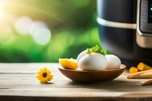 huevos en un cuenco siguiente a un instante maceta. generado por ai foto