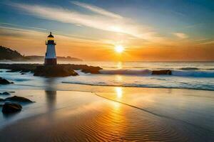 the sun rises over the lighthouse on the beach. AI-Generated photo