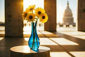 sunflowers in a vase on a table in front of the capitol building. AI-Generated photo