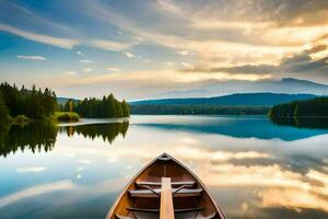 a canoe is floating on a calm lake with mountains in the background. AI-Generated photo
