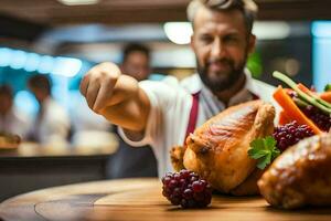 a man is pointing at a turkey on a table. AI-Generated photo