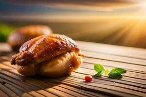 chicken on a wooden table with the sun in the background. AI-Generated photo