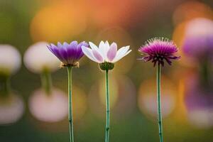 three purple flowers are standing in front of a blurred background. AI-Generated photo