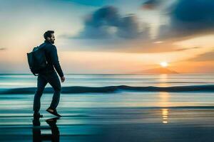 un hombre con un mochila caminando en el playa a puesta de sol. generado por ai foto