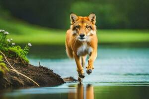 un rojo lobo corriendo a través de el agua. generado por ai foto