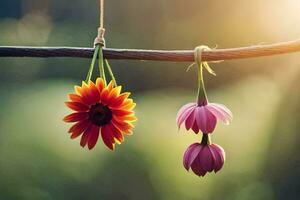 two flowers hanging from a wire. AI-Generated photo