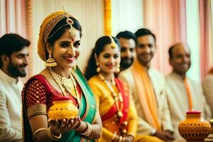 a bride in traditional indian attire holding a lamp. AI-Generated photo