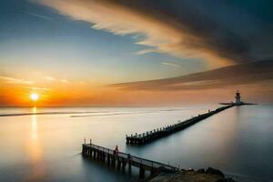 a long exposure photograph of a lighthouse at sunset. AI-Generated photo