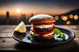 a burger with cheese and tomato on a plate. AI-Generated photo