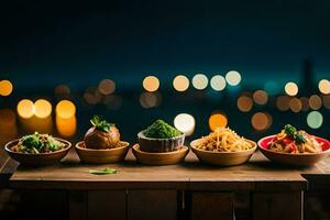 un mesa con bochas de comida en él. generado por ai foto