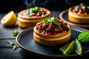 three mini pies with meat and cheese on a black plate. AI-Generated photo