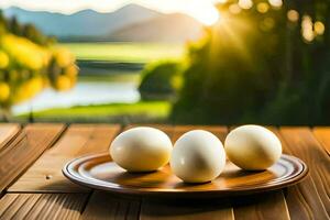 three eggs on a plate with a lake in the background. AI-Generated photo