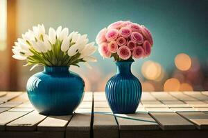 two blue vases with white flowers on a wooden table. AI-Generated photo