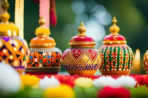 colorful pots and vases are arranged on a table. AI-Generated photo
