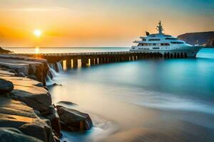 a yacht docked at the pier at sunset. AI-Generated photo