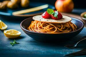 spaghetti with lemon and strawberries on a wooden table. AI-Generated photo