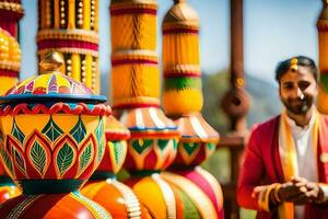 a man in a red and yellow outfit stands next to colorful vases. AI-Generated photo